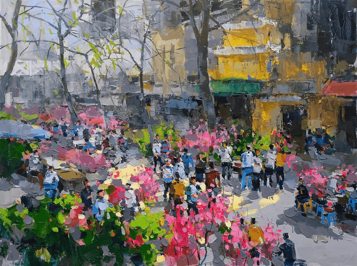 Spring Market Vietnamese Oil Painting by Artist Pham Hoang Minh