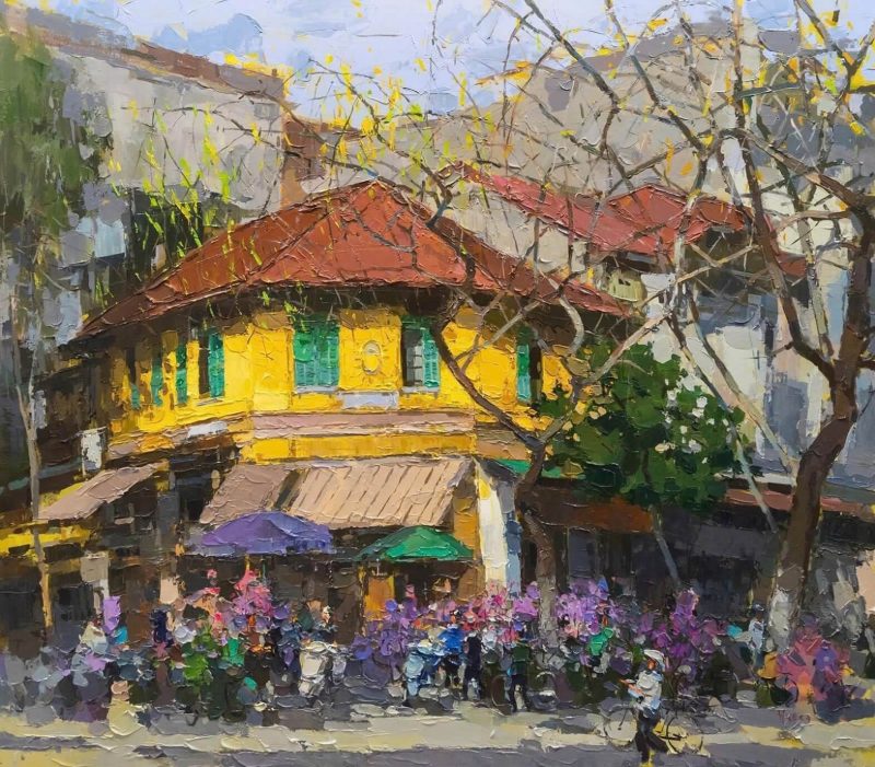 Spring Along the Streets Vietnamese Oil Painting by Artist Pham Hoang Minh