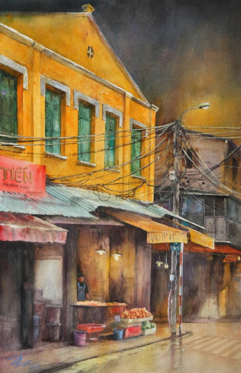 Night Street II Watercolor Painting By Artist Duc Tien