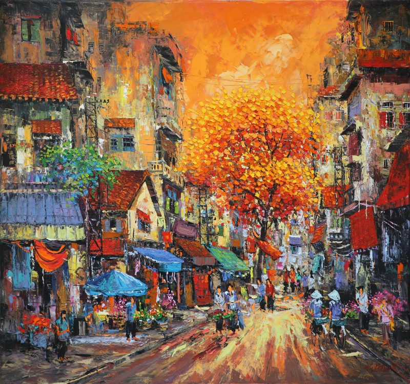 Ha Noi Street I Vietnamese Oil Painting by Artist Giap Van Tuan