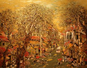 Hang Than street Vietnamese Lacquer painting by artist Nguyen Hong Giang