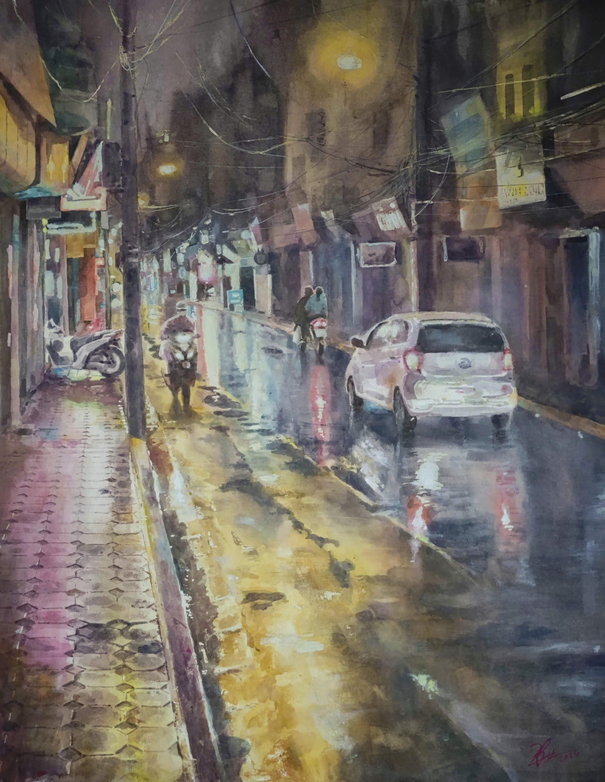 The Street After the Rain Watercolor Painting By Artist Duc Tien