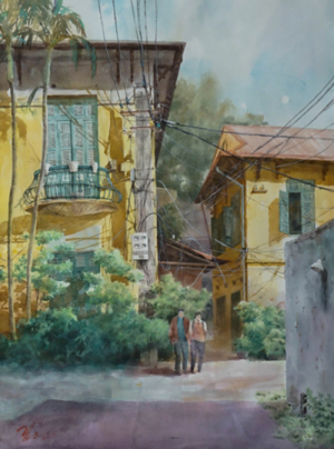 Crossing The Street Watercolor Painting By Artist Duc Tien