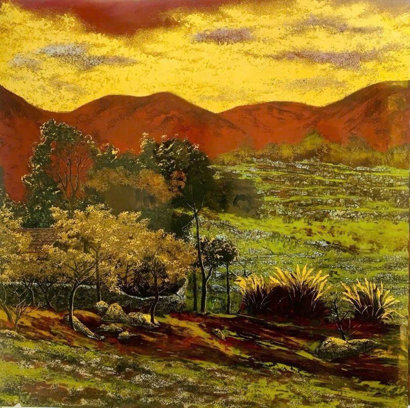 Highland Landscape Vietnamese Lacquer Painting by Artist Trinh Que Anh