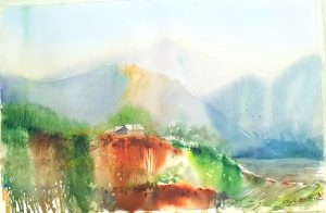 Highland Scenery - Vietnamese Watercolor Painting By Artist Nguyen Ngoc Phuong