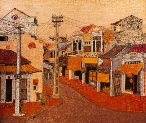 Time - honored Hanoi Streets - Vietnamese Lacquer Painting by Artist Le Khanh Hieu