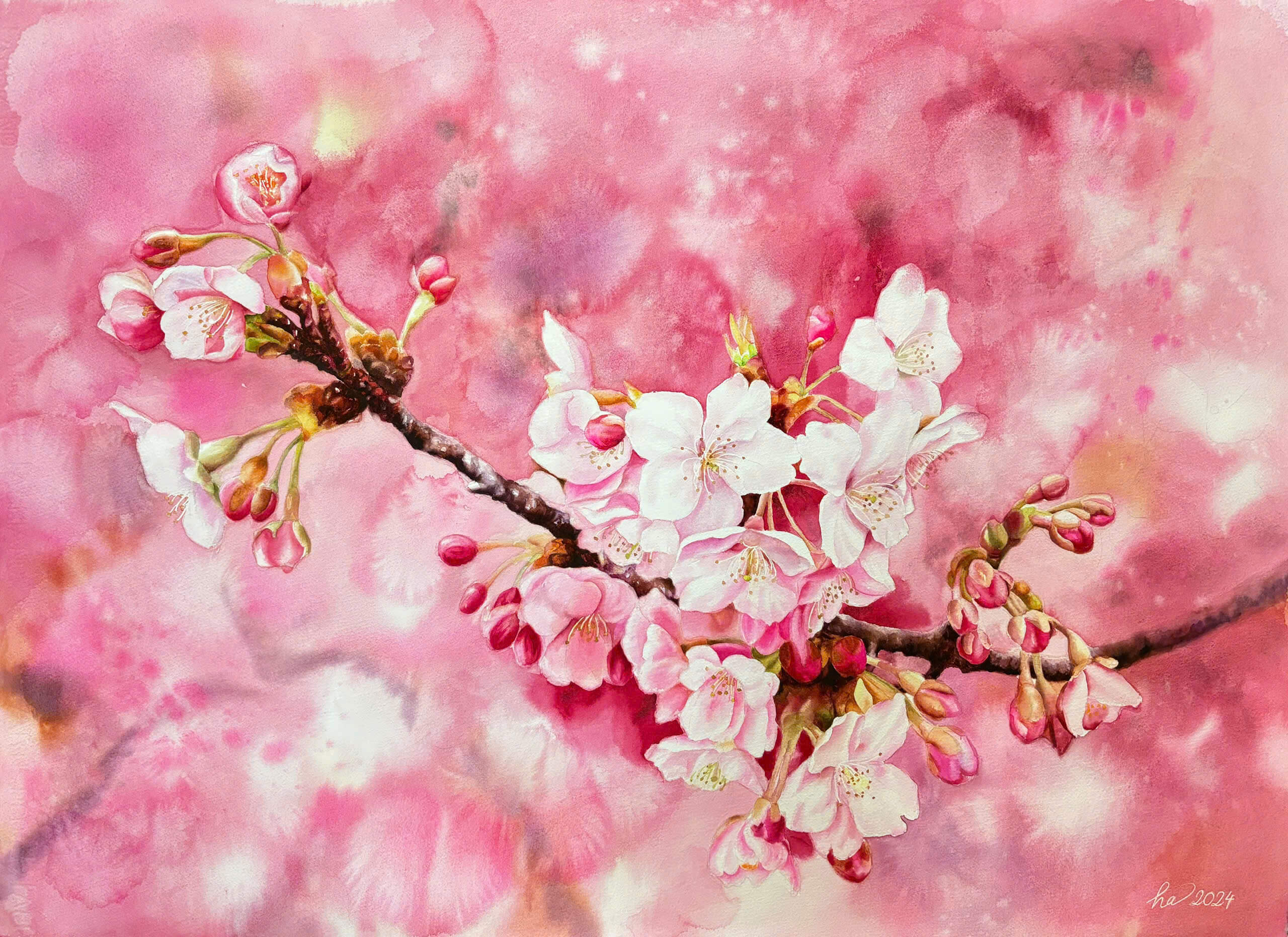 Spring in Pink Tones Watercolor Painting By Artist Thanh Ha