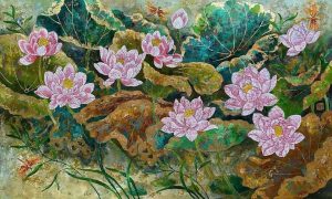 Lotus Vietnamese Lacquer Painting by Artist Chau Ai Van