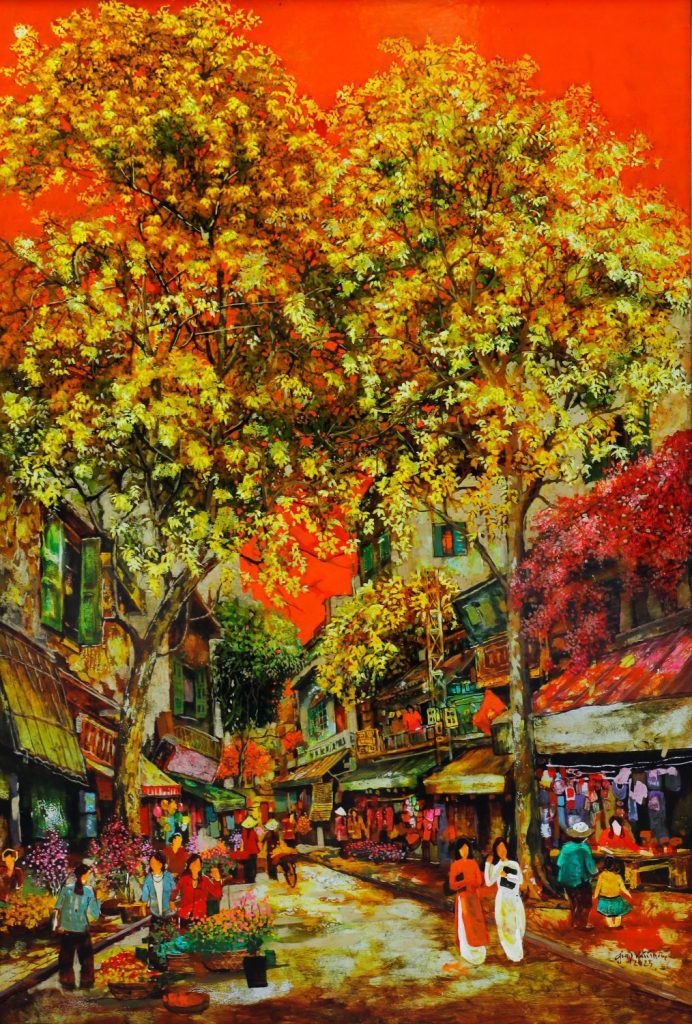 Spring Covers Street II - Vietnamese Lacquer Painting by Artist Giap ...