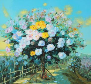 The Blooming Tree Rose - Vietnamese Oil Painting by Artist Dang Dinh Ngo