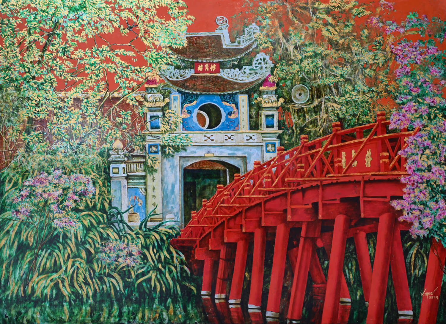 The Huc Bridge Vietnamese Lacquer painting by artist Nguyen Van Nghia