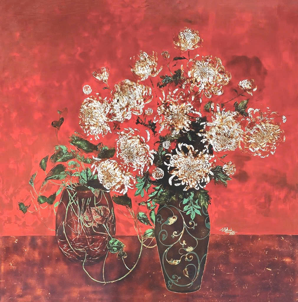 Daisy Still Life Vietnamese Lacquer Painting by Artist Trinh Que Anh