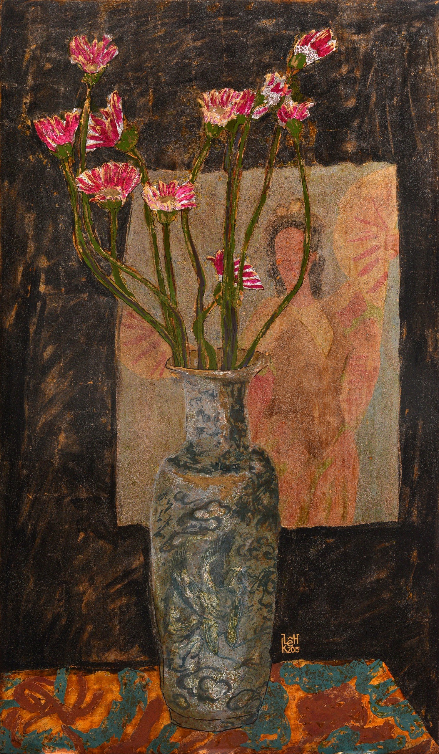Gerbera Still Life - Vietnamese Lacquer Painting by Artist Le Khanh Hieu