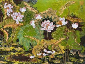 Lotus III - Vietnamese Lacquer Painting by Artist Tran Thieu Nam