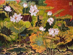 Lotus VII - Vietnamese Lacquer Painting by Artist Tran Thieu Nam
