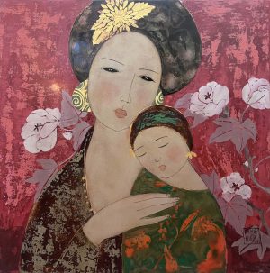 In the Garden Vietnamese Lacquer Painting by Artist Dang Hien