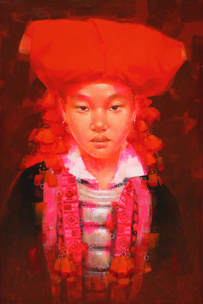 Red Dao Lady I Vietnamese Acrylic Painting by Artist Hoang Hoan