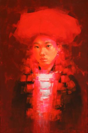 Red Dao Lady II Vietnamese Acrylic Painting by Artist Hoang Hoan