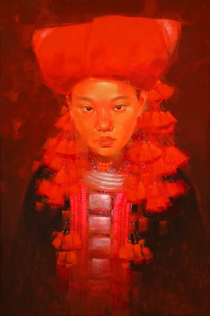 Red Dao Lady III Vietnamese Acrylic Painting by Artist Hoang Hoan