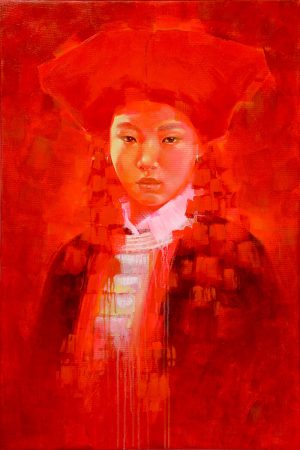 Red Dao Lady IV Vietnamese Acrylic Painting by Artist Hoang Hoan