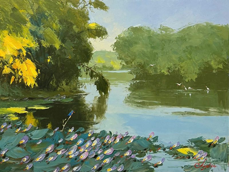 Autumn Pond Vietnamese Oil Painting by Artist Dang Dinh Ngo