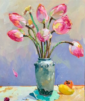 Still Life: Lotus - Vietnamese Oil Painting by Artist Dinh Dong