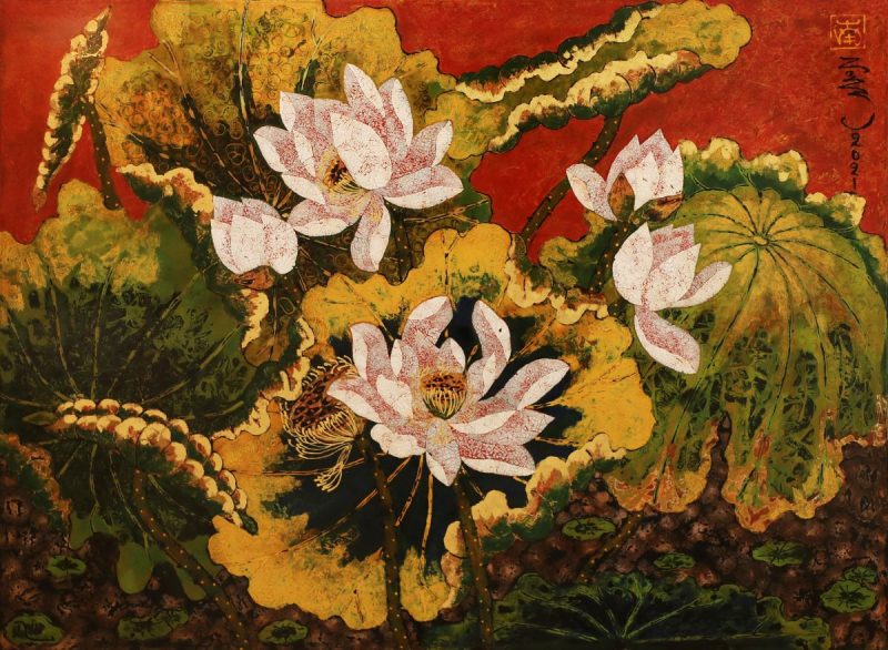 Lotus XI - Vietnamese Lacquer Paintings Flower by Artist Tran Thieu Nam
